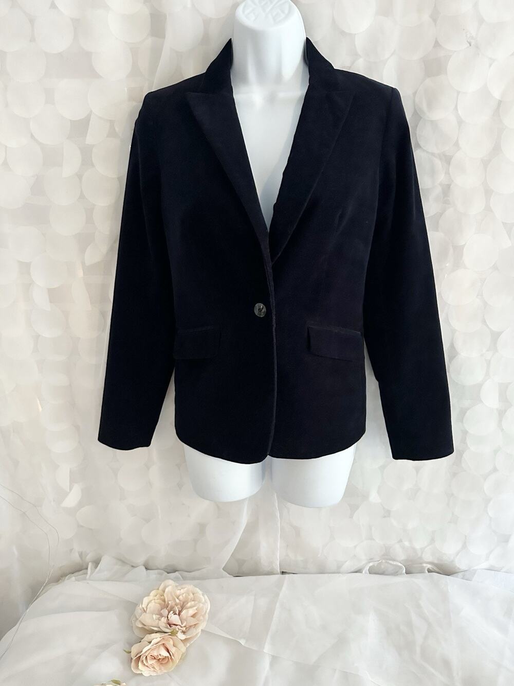 Talbots Velvet Blazer 4 PETITE Navy Blue Equestrian Single Button Cropped Preppy